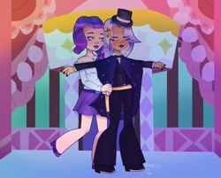 Size: 1490x1200 | Tagged: safe, artist:pupiizz, imported from derpibooru, rarity, trixie, human, alternate hairstyle, belt, bowtie, cape, clothes, dark skin, duo, duo female, eyeshadow, female, hat, high heels, humanized, jewelry, lesbian, lipstick, makeup, measuring, measuring tape, nail polish, necklace, pants, rarixie, shipping, shirt, shoes, skirt, suit, sweat, sweatdrop, t pose, top hat, tuxedo, vest