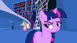 Size: 1920x1080 | Tagged: safe, imported from derpibooru, screencap, spike, twilight sparkle, dragon, pony, unicorn, friendship is magic, animation error, bookshelf, feather, horn, ladder, letter, male, my little pony, paper, parchment, purple eyelashes, quill, scroll, smug, smuglight sparkle, twilight's canterlot home, unicorn twilight