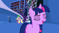 Size: 1920x1080 | Tagged: safe, imported from derpibooru, screencap, spike, twilight sparkle, dragon, pony, unicorn, friendship is magic, bookshelf, eyes closed, feather, horn, ladder, letter, male, my little pony, paper, parchment, quill, twilight's canterlot home, unicorn twilight