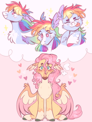 Size: 768x1024 | Tagged: safe, artist:wanderingpegasus, imported from derpibooru, fluttershy, rainbow dash, pegasus, pony, alternate design, female, flutterdash, lesbian, shipping, thought bubble