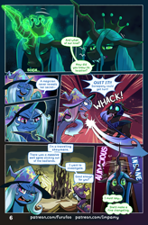 Size: 1004x1535 | Tagged: safe, artist:furufoo, artist:impamy, imported from derpibooru, queen chrysalis, trixie, changeling, pony, unicorn, comic:change of heart (furufoo), cape, clothes, comic, eyeshadow, fangs, female, feral, green eyes, hat, horn, magic, makeup, witch hat