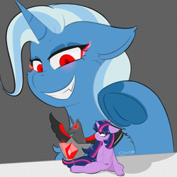 Size: 2000x2000 | Tagged: safe, artist:candy_b_black, imported from derpibooru, trixie, twilight sparkle, pony, unicorn, magic duel, alicorn amulet, duo, eye mist, female, grin, horn, macro/micro, my little pony, smiling, underhoof