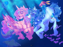 Size: 1266x950 | Tagged: safe, artist:nadircatt, imported from derpibooru, oc, oc only, oc:princess poe, oc:sea foam, alicorn, earth pony, fish, jellyfish, pony, snake, alicorn oc, blue mane, blue tail, blushing, bubble, contest entry, crepuscular rays, curved horn, date, digital art, dorsal fin, duo, duo female, earth pony oc, feather, female, fin, fish tail, flowing mane, flowing tail, folded wings, happy, horn, lesbian, lidded eyes, manta ray, mare, ocean, open mouth, pink mane, pink tail, scales, signature, smiling, sunlight, swimming, tail, underwater, unshorn fetlocks, water, wings