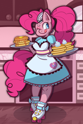 Size: 2000x3000 | Tagged: safe, alternate version, artist:yellowcyann, imported from derpibooru, pinkie pie, anthro, earth pony, plantigrade anthro, apron, big breasts, breasts, busty pinkie pie, clothes, dress, female, food, high res, indoors, licking, licking lips, mare, one eye closed, pancakes, ponytail, roller skates, server pinkie pie, skates, solo, tongue out, wide hips