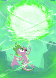 Size: 1500x2100 | Tagged: safe, artist:loreto-arts, imported from derpibooru, spike, dragon, fire, fire magic, flying, g4, green fire, looking up, magic, magic fire, male, open mouth, open smile, outdoors, smiling, solo, tail, winged spike, wings