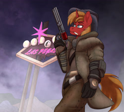 Size: 4100x3700 | Tagged: safe, artist:pananovich, imported from derpibooru, oc, oc only, anthro, unicorn, fallout equestria, cigarette, clothes, commission, cowboy hat, gloves, gun, handgun, hat, horn, las pegasus, longcoat, low angle, male, neon, neon sign, revolver, smoking, solo, stallion, weapon