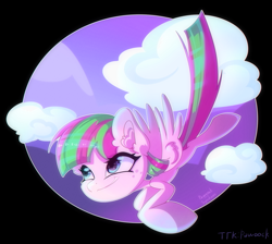 Size: 3083x2764 | Tagged: safe, artist:sunchaos, imported from derpibooru, blossomforth, pegasus, pony, cloud, female, flying, high res, mare, sky, smiling, smirk, solo