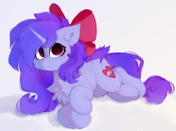 Size: 1840x1372 | Tagged: safe, artist:little-sketches, oc, oc only, oc:qular, pony, unicorn, bow, butt fluff, cheek fluff, chest fluff, crossed legs, ear fluff, eye clipping through hair, eyebrows visible through hair, female, floppy ears, gradient background, gradient mane, gradient tail, hair bow, hooves together, horn, leg fluff, lying down, mare, smiling, solo, unicorn horn, unicorn oc