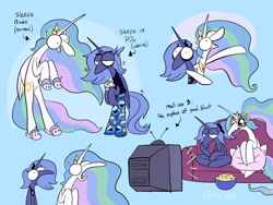 Size: 2048x1536 | Tagged: safe, artist:me-beef, imported from derpibooru, princess celestia, princess luna, alicorn, pony, big eyes, clothes, coffee, cookie monster, couch, female, food, jewelry, mare, pajamas, paul blart, pillow, popcorn, regalia, shocked, slippers, television, themed slippers, we don't normally wear clothes