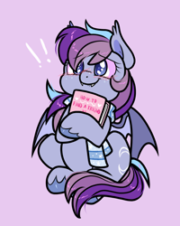 Size: 800x1000 | Tagged: safe, artist:paperbagpony, imported from derpibooru, oc, oc only, bat pony, bat pony oc, bat wings, book, clothes, freckles, lip bite, purple background, scarf, simple background, solo, unshorn fetlocks, wings