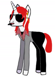 Size: 933x1310 | Tagged: safe, artist:kingofmlp, imported from derpibooru, oc, oc only, oc:lmoney, pony, unicorn, aviator sunglasses, black pants, clothes, hawaiian shirt, horn, late 40s, long mane, older, open mouth, performer, shirt, singing, skinny, solo, suit, sunglasses, thin