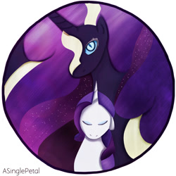 Size: 1024x1024 | Tagged: safe, artist:asinglepetal, idw, imported from derpibooru, nightmare rarity, rarity, pony, unicorn, darkened coat, ethereal hair, eyes closed, eyeshadow, female, horn, makeup, mare, moon, nightmarified, redraw, solo, space, tumblr:ask nightmare rarity, watermark, wavy hair, white stripe, white stripes