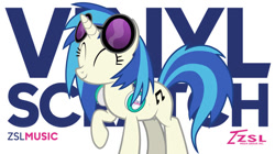 Size: 750x421 | Tagged: safe, artist:zslnews, imported from derpibooru, dj pon-3, vinyl scratch, pony, unicorn, ^^, cute, eyes closed, glasses, headphones, horn, name, raised hoof, simple background, solo, vinylbetes, wallpaper, white background