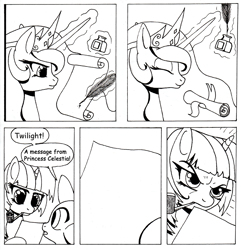 Size: 1000x1038 | Tagged: safe, artist:lavosvsbahamut, imported from derpibooru, princess celestia, spike, twilight sparkle, alicorn, dragon, pony, unicorn, 5 panel comic, black and white, emanata, female, g4, glowing, glowing horn, grayscale, horn, ink, inkwell, letter, magic, magic aura, male, monochrome, pipe, prank, quill, telekinesis, template