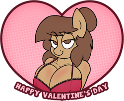 Size: 1280x1037 | Tagged: safe, artist:stunnerpone, imported from derpibooru, oc, oc only, oc:georgia lockheart, anthro, anthro oc, bedroom eyes, big breasts, bra, breast blush, breasts, busty oc, cleavage, clothes, erect nipples, female, hands behind back, holiday, huge breasts, looking at you, mare, nipple outline, no pupils, simple background, smiling, smiling at you, solo, solo female, text, transparent background, underwear, valentine's day