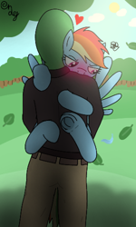 Size: 300x500 | Tagged: safe, artist:grafc0ndey, rainbow dash, oc, oc:anon, human, pegasus, pony, blushing, cute, daaaaaaaaaaaw, dashabetes, dubious consent, duo, duo male and female, emanata, featured image, female, floating heart, frog (hoof), g4, heart, holding a pony, hoofbutt, hug, human and pony, leaves, looking away, male, mare, reluctant, spread wings, under the tree, underhoof, wings