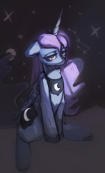 Size: 2280x3768 | Tagged: safe, artist:rend36, imported from derpibooru, princess luna, alicorn, pony, constellation, crescent moon, female, floppy ears, frown, high res, lidded eyes, looking at you, mare, moon, sitting, solo, stars