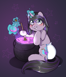 Size: 2067x2406 | Tagged: safe, artist:vaiola, imported from derpibooru, oc, oc only, oc:ivy, pony, unicorn, blushing, cauldron, commission, cute, diaper, female, full body, happy, horn, looking at you, magic, mare, non-baby in diaper, poofy diaper, simple background, sitting, solo