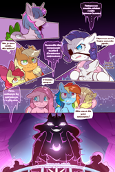 Size: 960x1440 | Tagged: safe, artist:cold-blooded-twilight translation, edit, imported from derpibooru, apple bloom, applejack, fluttershy, nightmare moon, pinkie pie, rainbow dash, rarity, spike, sweetie belle, twilight sparkle, alicorn, dragon, earth pony, pegasus, pony, unicorn, cold blooded twilight, comic:cold storm (ru), friendship is magic, ..., alternate design, alternate hairstyle, apple bloom's bow, bow, braid, comic, cyrillic, dialogue, eyepatch, eyes closed, eyeshadow, female, filly, floppy ears, flower, flower in hair, foal, glowing, glowing eyes, grin, hair bow, horn, looking down, makeup, mane six, mare, my little pony, pinkamena diane pie, russian, scared, siblings, silhouette, sisters, slit pupils, smiling, speech bubble, sweat, thought bubble, translation, translator:agent00k0t, unicorn twilight