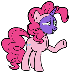 Size: 748x784 | Tagged: safe, artist:morteneng21, imported from derpibooru, pinkie pie, oc, oc:violetta cuddles belle, earth pony, pony, clothes, costume, pinkie pie costume, raised leg