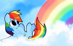 Size: 2000x1250 | Tagged: safe, artist:vivian reed, imported from derpibooru, rainbow dash, pegasus, pony, cloud, cute, dashabetes, female, lying down, lying on a cloud, mare, no sclera, on a cloud, on back, rainbow, sky, smiling, solo, spread wings, wings