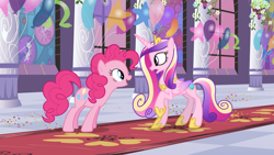 Size: 1920x1080 | Tagged: safe, screencap, pinkie pie, princess cadance, queen chrysalis, a canterlot wedding, balloon, canterlot wedding fiasco, cutie mark, duo, fake cadance, female, mare, mirror, rug, solo