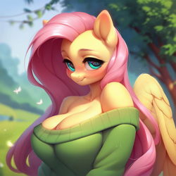 Size: 1024x1024 | Tagged: safe, imported from twibooru, fluttershy, anthro, ai generated, big breasts, blushing, breasts, busty fluttershy, clothes, cute, female, generator:pony diffusion v6 xl, generator:purplesmart.ai, image, off shoulder, outdoors, png, prompt in description, prompter:mcford, solo, sweater, sweatershy