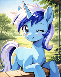 Size: 1024x1280 | Tagged: safe, imported from twibooru, minuette, pony, unicorn, ai generated, cute, female, generator:wai-nsfw-illustrious-sdxl, horn, image, looking at you, mare, one eye closed, outdoors, png, prompter:bendy and boney, smiling, smiling at you, solo, wink