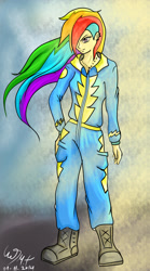 Size: 1024x1841 | Tagged: safe, artist:ihavenolimits, imported from derpibooru, rainbow dash, human, clothes, humanized, solo, uniform, wonderbolts uniform