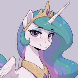 Size: 1024x1024 | Tagged: safe, imported from twibooru, princess celestia, alicorn, pony, ai generated, eyebrows visible through hair, eyeshadow, female, image, looking at you, makeup, mare, png, prompter:teaspoon, simple background, smiling, solo