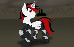 Size: 1280x823 | Tagged: safe, artist:midnightflight, imported from derpibooru, oc, oc only, oc:blackjack, cyborg, unicorn, fallout equestria, fallout equestria: project horizons, amputee, black and white, cloud, cybernetic legs, fanfic art, female, female oc, glowing, glowing horn, grayscale, gritted teeth, hoofington, horn, level 2 (project horizons), magic, mare, mare oc, monochrome, outdoors, prosthetic eye, prosthetic leg, prosthetic limb, prosthetics, raised hoof, sign, solo, standing, teeth, traditional art, unicorn oc, wasteland