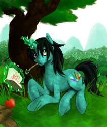 Size: 1416x1674 | Tagged: safe, artist:prismspark, imported from derpibooru, oc, oc only, oc:prism spark, pony, unicorn, apple, apple tree, bag, drawing, food, glowing, glowing horn, grass, grass field, horn, looking at you, lying down, magic, male, male oc, mouth hold, outdoors, pencil, prone, saddle bag, solo, sparks, stallion, stallion oc, telekinesis, tree, unicorn oc