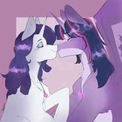 Size: 2048x2048 | Tagged: safe, artist:killektric, imported from derpibooru, rarity, twilight sparkle, pony, unicorn, alternate hairstyle, chest fluff, cute, duo, duo female, eyes closed, eyeshadow, female, horn, jewelry, kissing, lesbian, makeup, mare, markings, necklace, rarilight, shipping, size difference, twiabetes