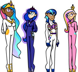 Size: 900x832 | Tagged: safe, artist:shennanigma, imported from derpibooru, princess cadance, princess celestia, princess luna, shining armor, human, bodysuit, clothes, female, group, humanized, male, quartet, royal sisters, shiningcadance, shipping, siblings, simple background, sisters, skintight clothes, straight, transparent background