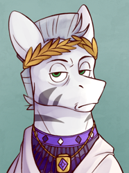 Size: 520x700 | Tagged: safe, artist:bunnyshrubby, imported from derpibooru, oc, oc only, oc:augustus umqobi, zebra, equestria at war mod, bust, crown, floral head wreath, flower, jewelry, necklace, portrait, regalia, roman, royal, solo, tunic, zebra oc