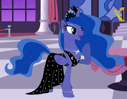 Size: 705x548 | Tagged: safe, artist:rogueheart101, imported from derpibooru, princess luna, alicorn, pony, canterlot castle, canterlot castle interior, clothes, dress, indoors, solo