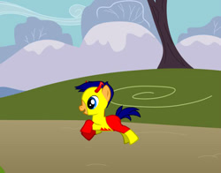 Size: 830x650 | Tagged: safe, artist:rogueheart101, imported from derpibooru, oc, oc only, pony, pony creator, colt, foal, male, outdoors, parent:flash sentry, solo, superhero costume