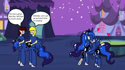 Size: 1024x578 | Tagged: safe, artist:baumbs, imported from derpibooru, princess luna, human, duo, inflatable suit, ponysuit, ponyville, screencap background, speech bubble, two-person costume