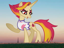 Size: 2032x1524 | Tagged: safe, artist:starryshineviolet, edit, editor:jaredking779, imported from derpibooru, fire flare, pony, unicorn, alternate eye color, attack on pony, evil, female, france, giant pony, giantess, highrise ponies, horn, irl, looking down, macro, mare, mega giant, mind control, open mouth, outdoors, paris, photo, ponies in real life, raised hoof, red eyes, smiling, solo, story included, thin, wrong eye color