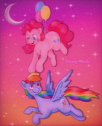 Size: 1300x1600 | Tagged: safe, artist:sunnystarii, imported from derpibooru, pinkie pie, rainbow dash, earth pony, pegasus, pony, :d, backwards cutie mark, balloon, closed mouth, crescent moon, duo, duo female, dusk, feathered wings, female, floating, flowing tail, flying, full body, gradient sky, looking at each other, looking at someone, mare, moon, open mouth, open smile, orange sky, outdoors, pink sky, purple sky, raised eyebrow, signature, sky, sky background, smiling, smiling at each other, starry sky, stars, tail, then watch her balloons lift her up to the sky, three quarter view, turned head, wings