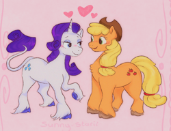 Size: 1224x941 | Tagged: safe, artist:sunnystarii, imported from derpibooru, applejack, rarity, pony, unicorn, :d, applejack's hat, blush scribble, blushing, brown hooves, chest fluff, cloven hooves, colored hooves, cowboy hat, duo, duo female, eyebrows, eyeshadow, female, film grain, full body, hat, heart, hooves, horn, leonine tail, lesbian, lidded eyes, looking at each other, looking at someone, makeup, mare, nose blush, open mouth, open smile, pink background, purple hooves, raised hoof, raised tail, rarijack, shipping, signature, simple background, smiling, smiling at each other, standing, standing on three hooves, tail, three quarter view, unshorn fetlocks