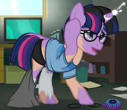 Size: 1150x1000 | Tagged: safe, artist:anonymous, imported from derpibooru, sci-twi, twilight sparkle, human, pony, unicorn, /ptfg/, book, clothes, dusk shine, equestria girls ponified, eye color change, glasses, heterochromia, horn, human to pony, indoors, looking up, male, mid-transformation, open mouth, pants, paper, ponified, room, rule 63, sci-dusk, shirt, show accurate, socks, sparks, stallion, tail growth, television, test tube, torn clothes, torn socks, transformation, trash can, underwear, window