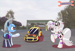 Size: 3000x2061 | Tagged: safe, artist:trackheadtherobopony, imported from derpibooru, oc, oc:silverstream (robot pony), oc:sixteen-bits, pony, robot, robot pony, car, choro q, circuit