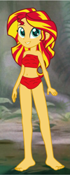 Size: 591x1472 | Tagged: safe, artist:remifan, imported from derpibooru, sunset shimmer, human, equestria girls, barefoot, bra, clothes, cute, feet, female, forest, grin, jungle, nature, shimmerbetes, smiling, solo, tree, underwear