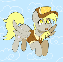 Size: 1912x1891 | Tagged: safe, artist:eadekki, imported from derpibooru, derpy hooves, pegasus, pony, :p, blue background, blush lines, closed mouth, clothes, cloud, collared shirt, feathered wings, female, flying, full body, hat, hatching (technique), looking at you, mailmare, mailmare hat, mailmare uniform, mare, no pupils, requested art, shirt, short sleeves, simple background, smiling, smiling at you, solo, spread wings, three quarter view, tongue out, wings