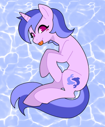 Size: 1636x1978 | Tagged: safe, artist:eadekki, imported from derpibooru, sea swirl, seafoam, pony, unicorn, :3, :p, background pony, blue mane, blue tail, blush lines, caustics, closed mouth, female, full body, horn, lavender coat, looking at you, looking sideways, mare, no pupils, ocean, purple eyes, request, smiling, smiling at you, solo, tail, three quarter view, tongue out, two toned mane, two toned tail, water