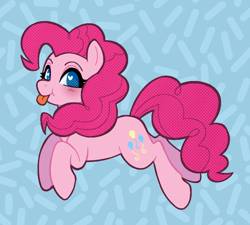 Size: 1200x1078 | Tagged: safe, artist:eadekki, imported from derpibooru, pinkie pie, earth pony, pony, :p, blue background, blush lines, eyebrows, female, full body, halftone, heart, heart eyes, hopping, looking at you, mare, no pupils, simple background, solo, three quarter view, tongue out, wingding eyes