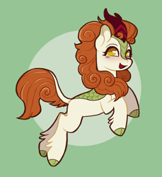 Size: 1876x2048 | Tagged: safe, artist:eadekki, imported from derpibooru, autumn blaze, kirin, :d, blush lines, circle, circle background, cloven hooves, female, full body, green background, hopping, leg fluff, looking at you, no pupils, open mouth, open smile, request, requested art, simple background, smiling, smiling at you, solo, three quarter view, two toned background, unshorn fetlocks