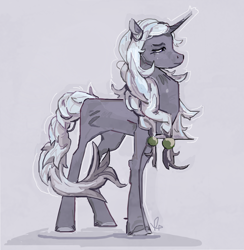 Size: 1404x1438 | Tagged: safe, artist:megalura, imported from derpibooru, oc, oc only, pony, unicorn, gray background, grayscale, horn, monochrome, partial color, simple background, solo