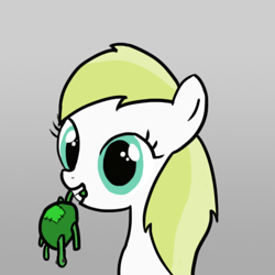 Size: 400x400 | Tagged: safe, artist:prosaurusrex, imported from derpibooru, lemon daze, oc, oc:lime, earth pony, pony, tortoise, turtle, atg 2012, background pony, cute, female, filly, foal, gray background, lemondorable, mouth hold, newbie artist training grounds, plushie, simple background, smiling, solo, toy